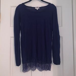 Charming Charlie navy blue sweater tunic with lace